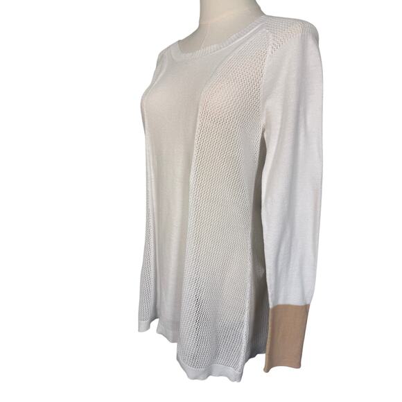 Heather B White Textured Mesh Panel Tunic Sweater L Tan Cuff - Picture 2 of 4